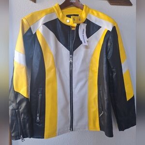 NWT Urban Outfitters Yellow/Black Faux Leather Moto Jacket Womens Size S